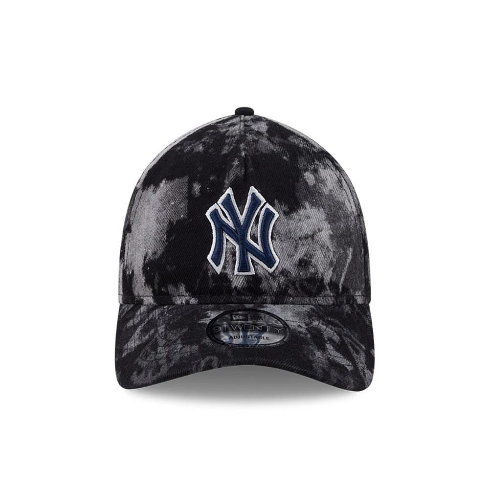 New York Yankees MLB Bleached Denim Black New Era 9TWENTY A-Frame Adjustable Cap, front view showing a white-outlined navy NY logo in raised embroidery on the bleached denim-patterned crown, with a 9TWENTY size sticker on the curved visor.