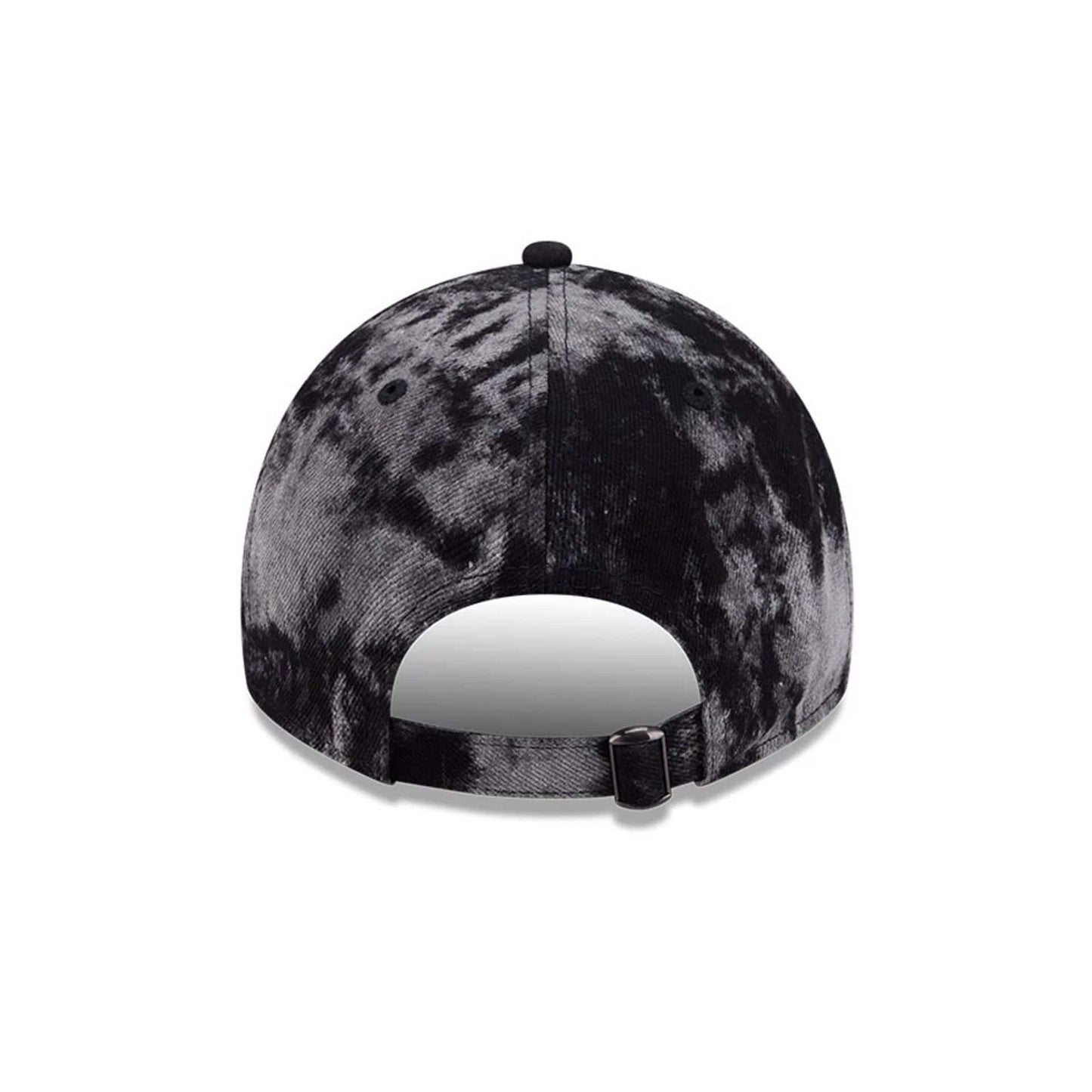 New York Yankees MLB Bleached Denim Black New Era 9TWENTY A-Frame Adjustable Cap, rear view showing a black buckle at the back strap and the bleached pattern across the panels and top button.