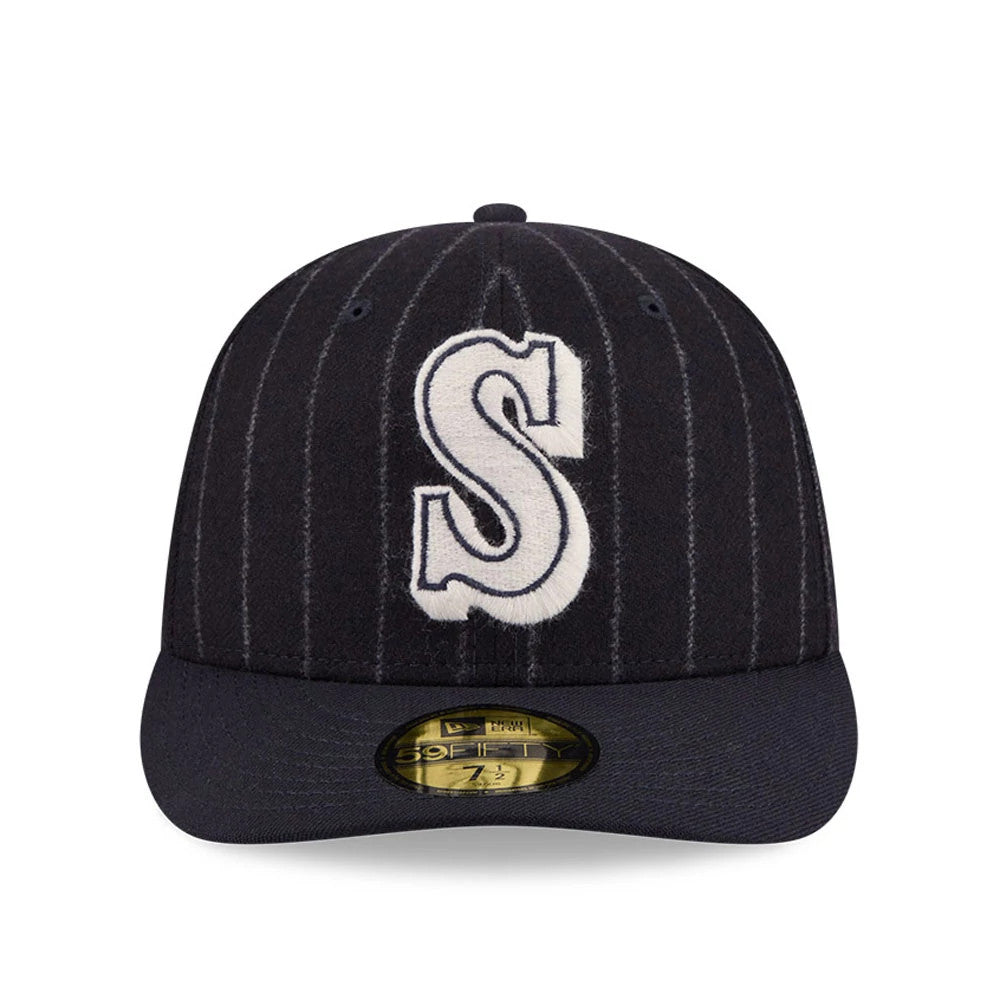 Seattle Mariners MLB X Moon Navy New Era 59FIFTY Fitted Cap, front view showing a large white embroidered S logo with black edging on the centre of a pinstriped navy crown, and a gold 59FIFTY size sticker on the navy visor.