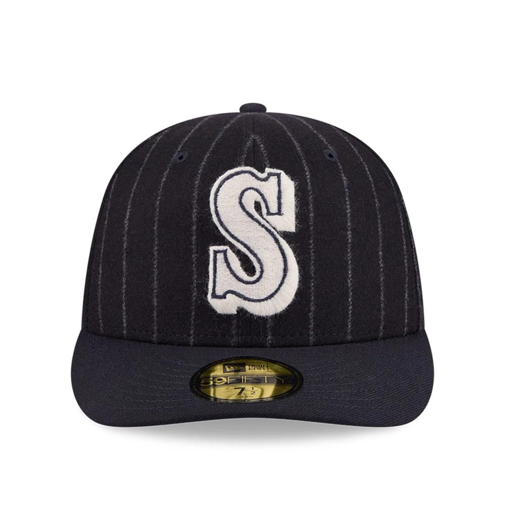 Seattle Mariners MLB X Moon Navy New Era 59FIFTY Fitted Cap, front view showing a large white embroidered S logo with black edging on the centre of a pinstriped navy crown, and a gold 59FIFTY size sticker on the navy visor.