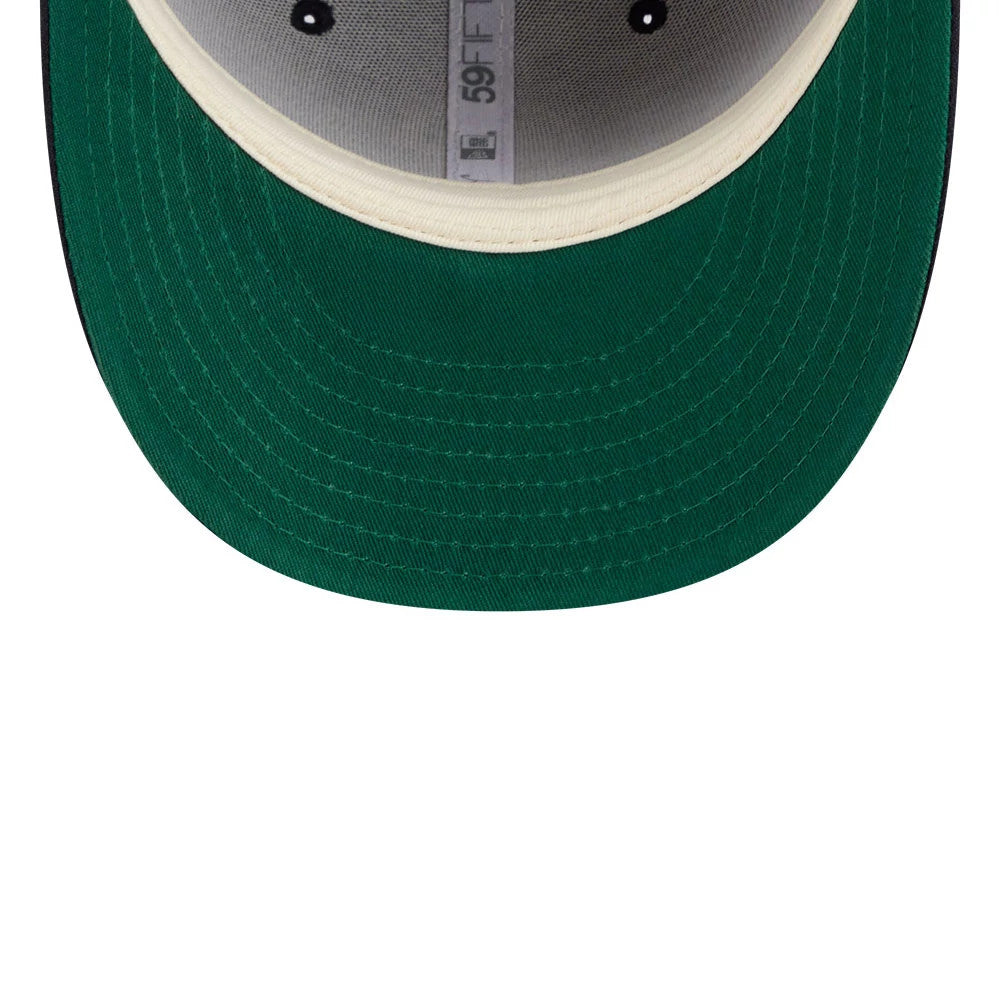 Seattle Mariners MLB X Moon Navy New Era 59FIFTY Fitted Cap, inside view showing grey sweatband, New Era branded taping with 59FIFTY label, and a contrasting dark green undervisor with stitching.