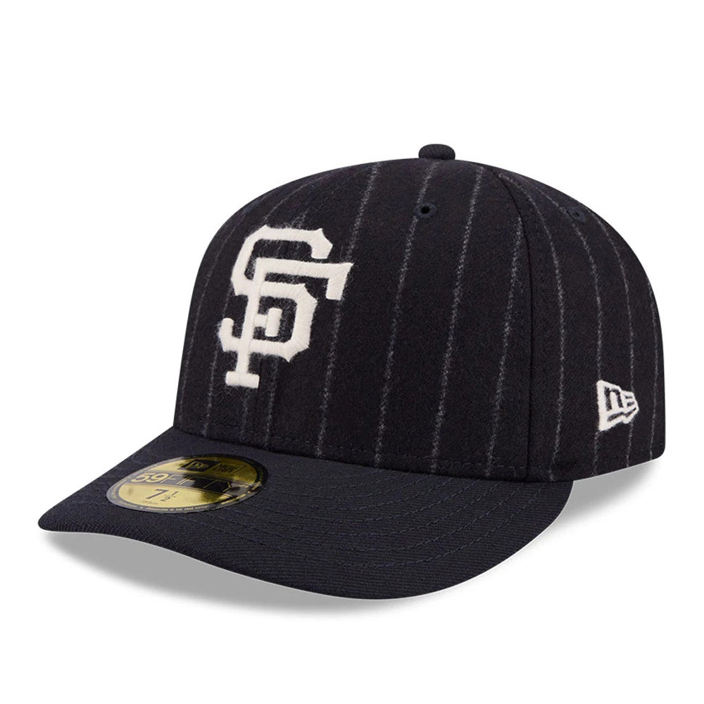 San Francisco Giants MLB X Moon Navy New Era 59FIFTY Fitted Cap, three-quarter view showing the white embroidered SF logo on the front panel, with navy pinstripes, a curved visor, and a gold 59FIFTY size sticker on the visor.