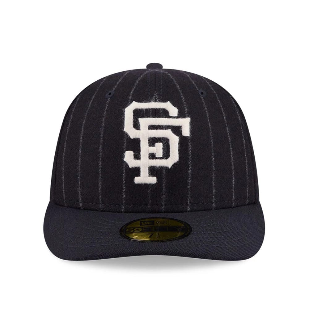 San Francisco Giants MLB X Moon Navy New Era 59FIFTY Fitted Cap, front view showing the white embroidered SF logo on the navy pinstriped crown, with a navy flat visor and a gold 59FIFTY size sticker on the visor.