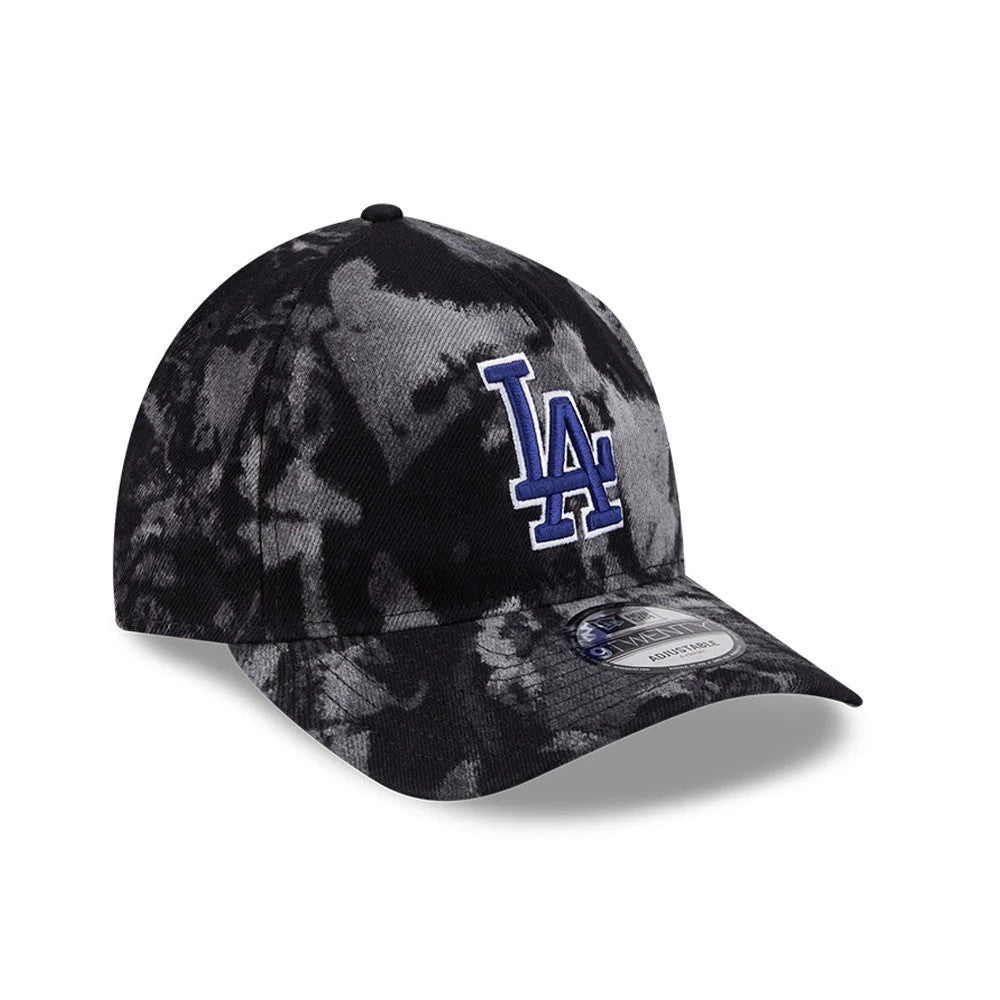 LA Dodgers MLB Bleached Denim Black New Era 9TWENTY A-Frame Adjustable Cap, three-quarter view with raised blue LA logo on the front panel, curved visor and 9TWENTY size sticker on the black and white bleached denim fabric.