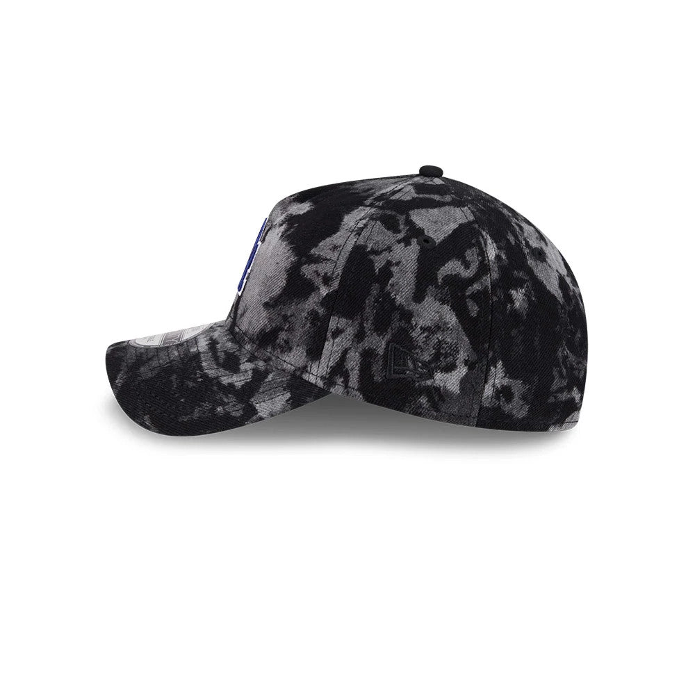 LA Dodgers MLB Bleached Denim Black New Era 9TWENTY A-Frame Adjustable Cap, side view showing the New Era flag logo embroidered on the left side, with a black top button and curved visor.