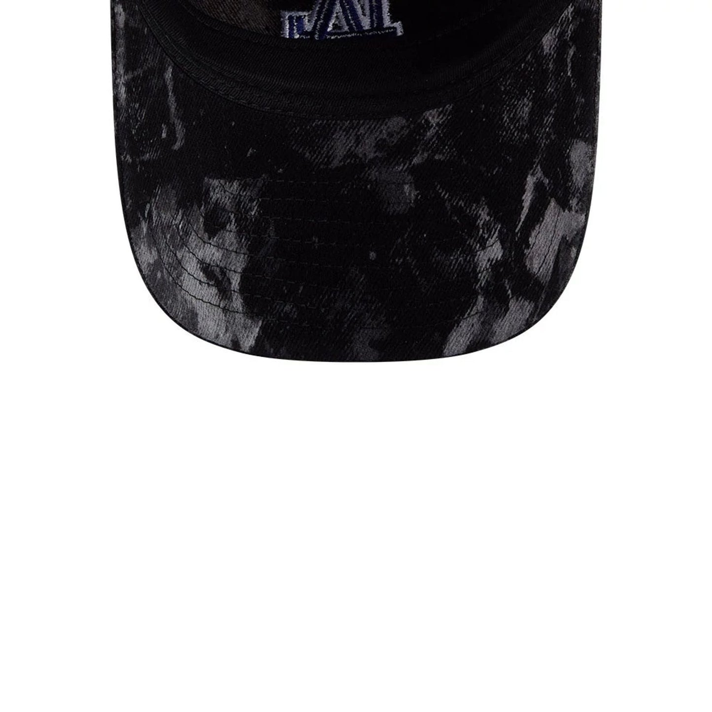LA Dodgers MLB Bleached Denim Black New Era 9TWENTY A-Frame Adjustable Cap, inside view showing the dark undervisor and partially internal sweatband with a bleached pattern on the visor.