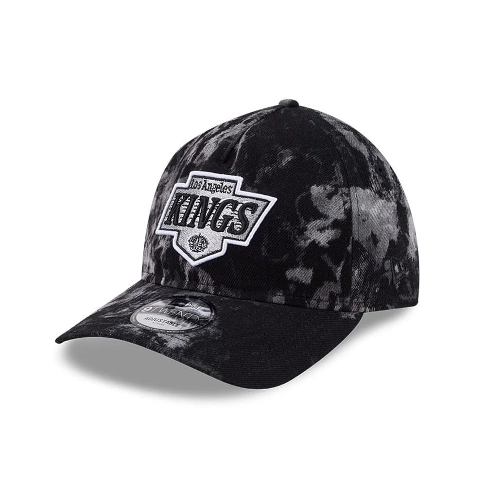 LA Kings NHL Bleached Denim Black New Era 9TWENTY A-Frame Adjustable Cap, three-quarter view displaying the raised white embroidered Kings logo on the front panel, with a curved visor and a 9TWENTY size sticker.