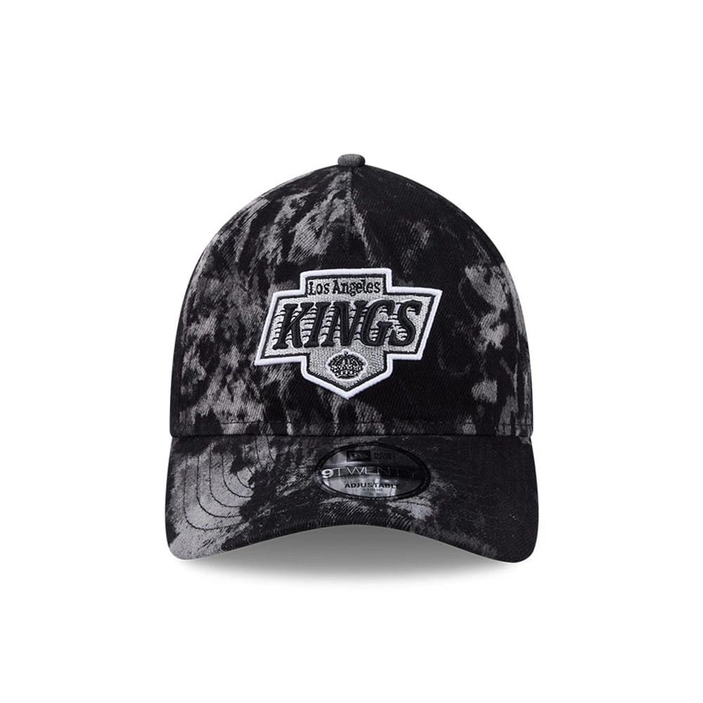 LA Kings NHL Bleached Denim Black New Era 9TWENTY A-Frame Adjustable Cap, front view showing a raised embroidered Kings logo on the front panel, with a curved visor and a 9TWENTY size sticker on the visor.