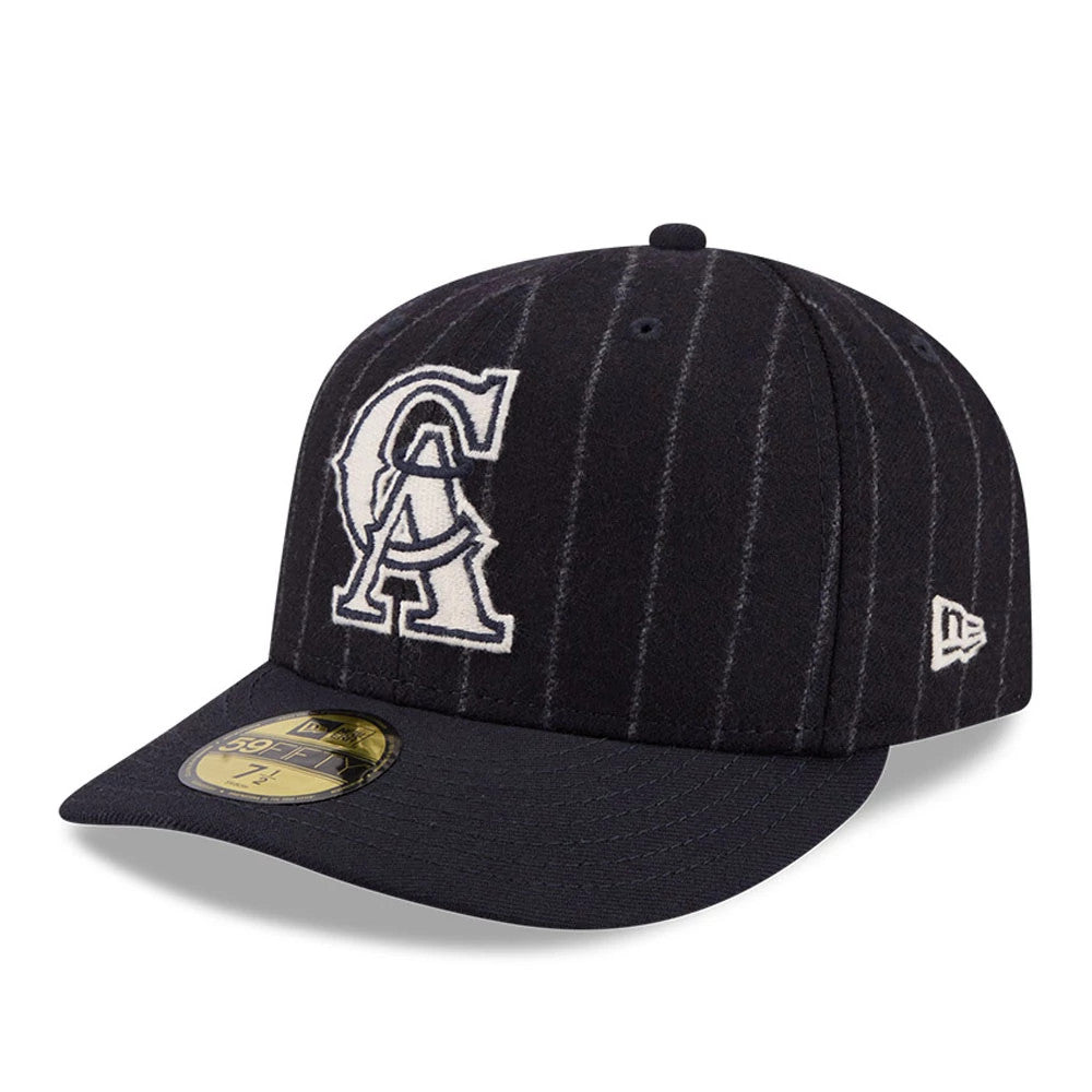 LA Angels MLB X Moon Navy New Era 59FIFTY Fitted Cap, three-quarter view showing the white raised embroidered LA logo on the pinstriped navy front panel, with a New Era flag logo on the left side and a gold 59FIFTY size sticker on the navy visor.