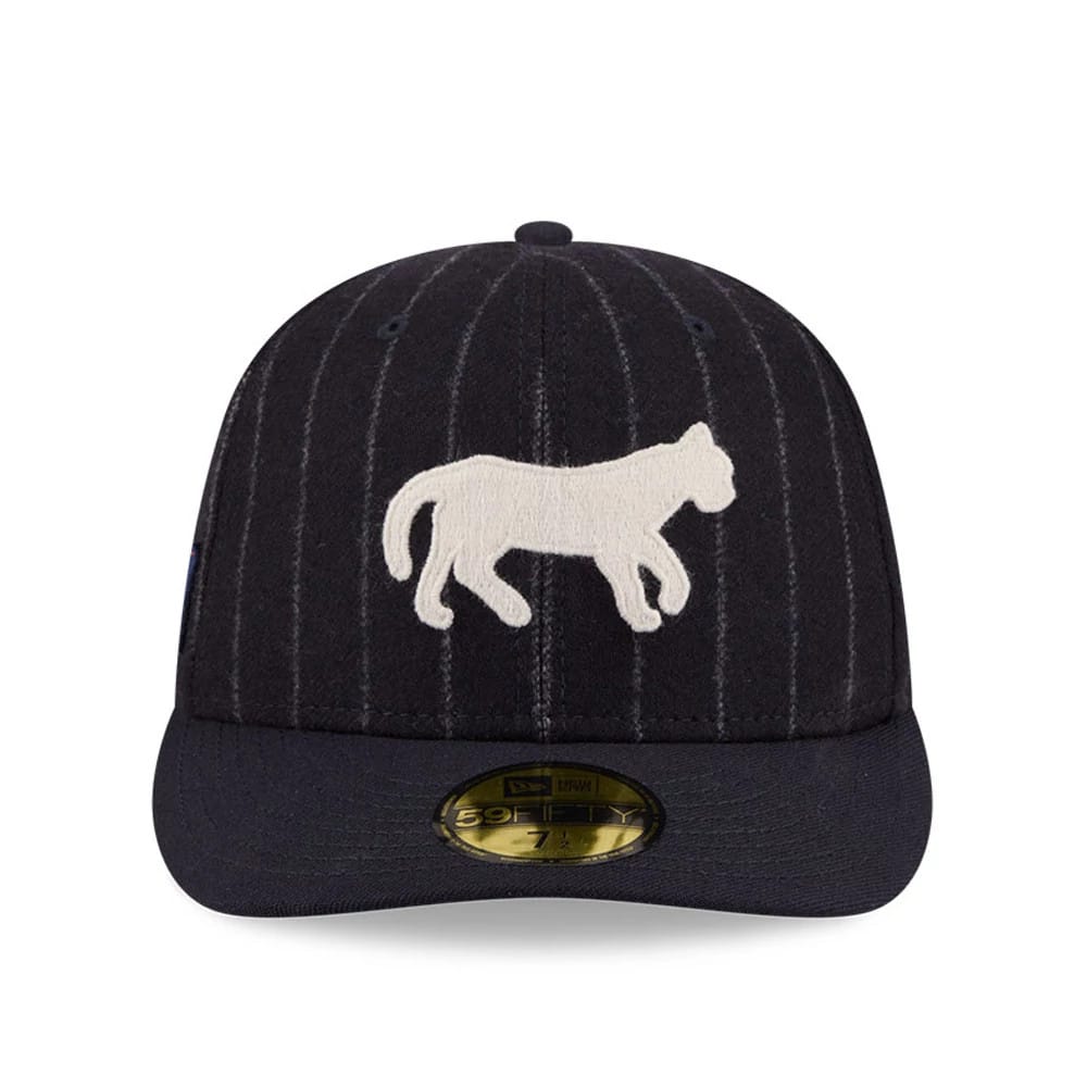 Detroit Tigers MLB X Moon Navy New Era 59FIFTY Fitted Cap, front view showing a white embroidered tiger graphic centred on the pinstriped navy crown, with a matching navy visor and gold 59FIFTY size sticker.