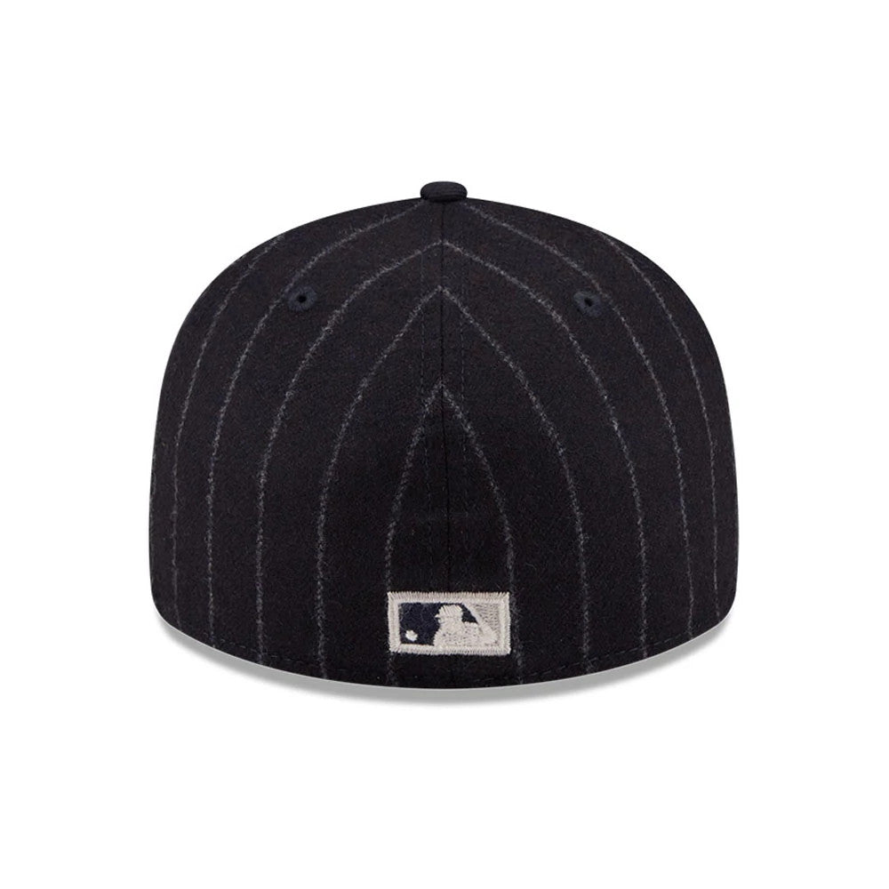Detroit Tigers MLB X Moon Navy New Era 59FIFTY Fitted Cap, rear view showing the white embroidered MLB Batterman logo at the centre of the back panels, detailed with grey pinstripes on a structured navy crown.
