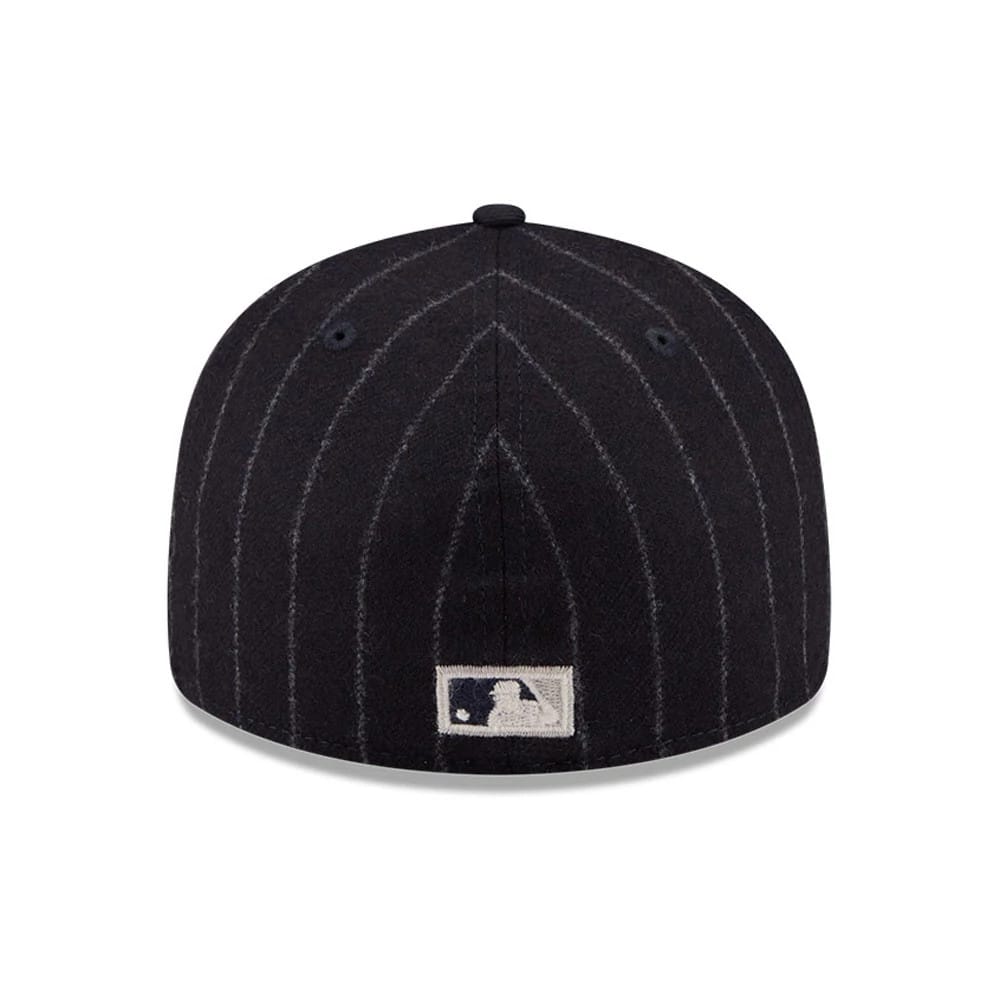Detroit Tigers MLB X Moon Navy New Era 59FIFTY Fitted Cap, rear view showing the white embroidered MLB Batterman logo at the centre of the back panels, detailed with grey pinstripes on a structured navy crown.