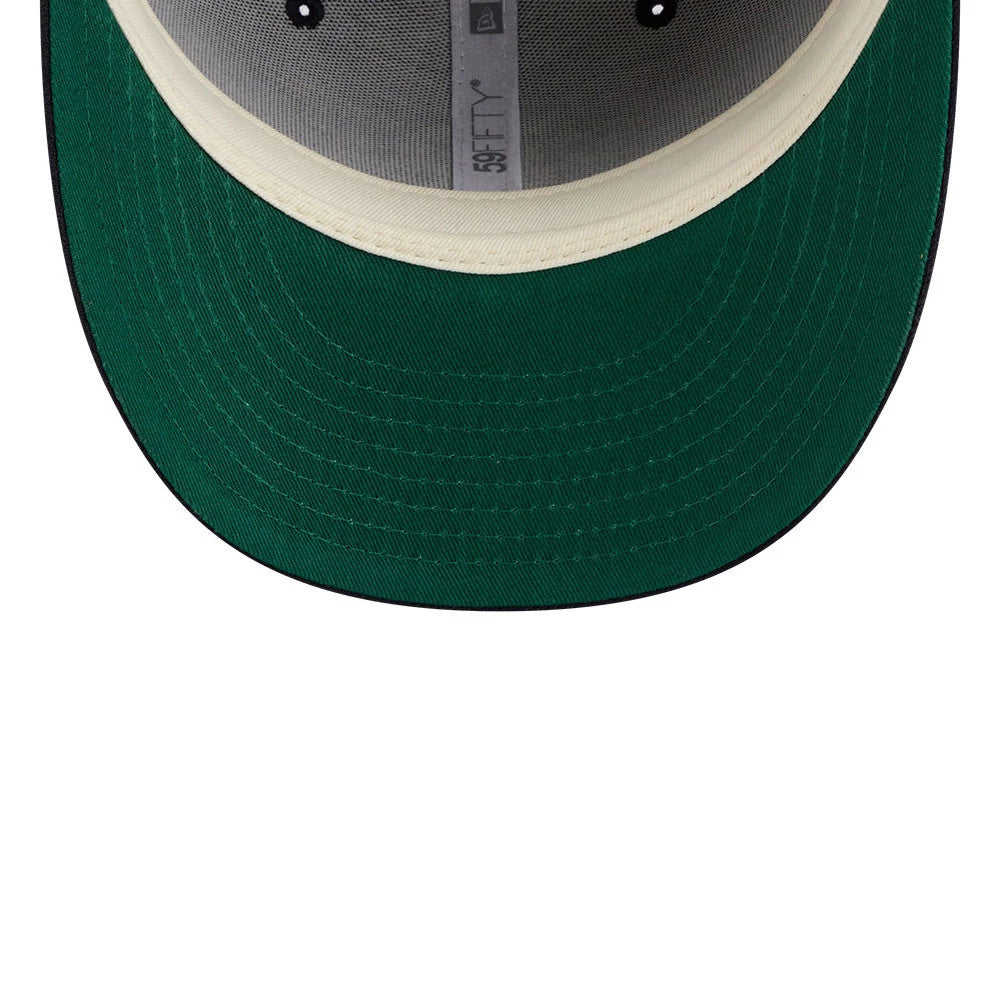 Boston Red Sox MLB X Moon Navy New Era 59FIFTY Fitted Cap, inside view showing the grey branded taping, white sweatband, and dark green undervisor with black eyelets on the structured crown.