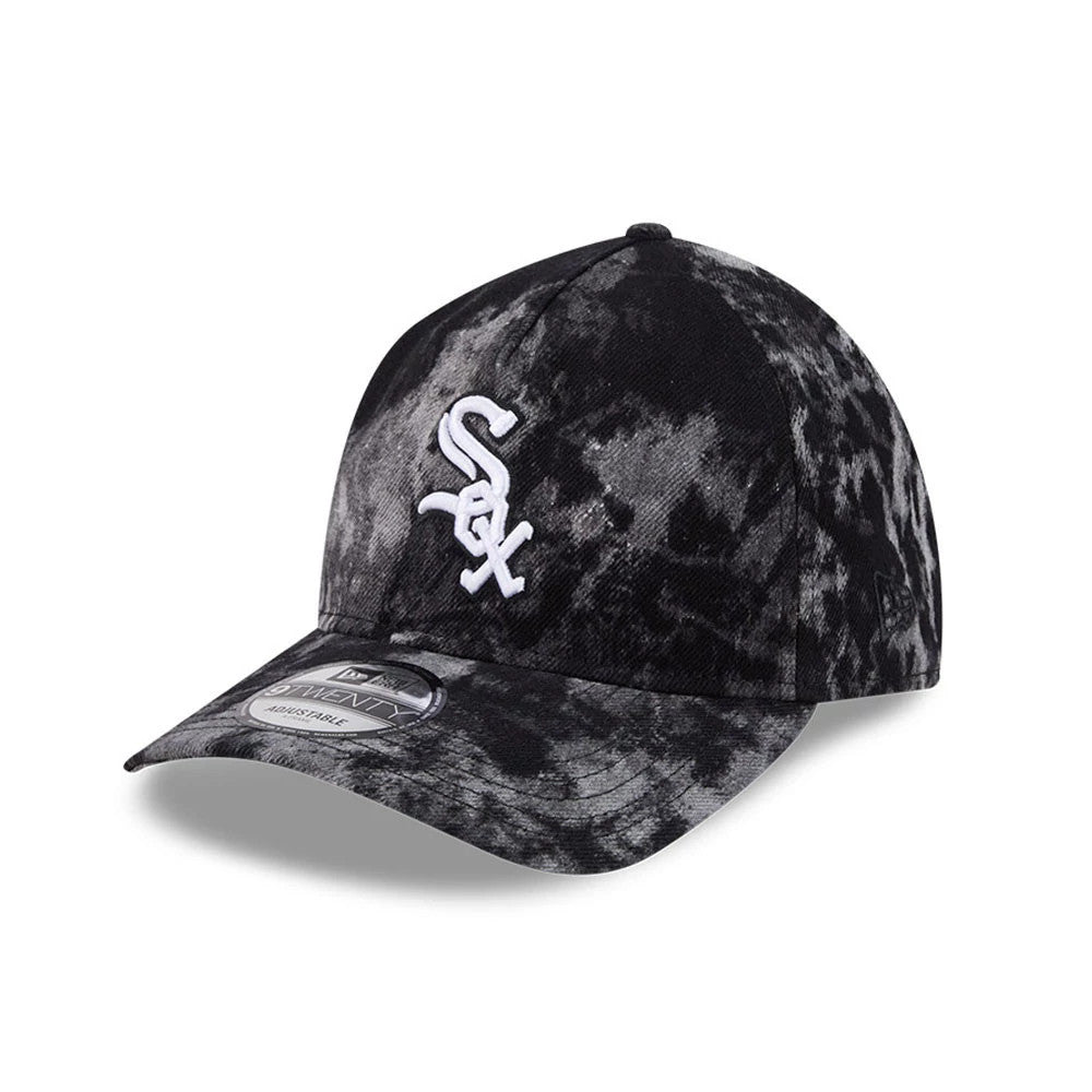 Chicago White Sox MLB Bleached Denim Black New Era 9TWENTY A-Frame Adjustable Cap, three-quarter view showing the white embroidered Sox logo on the front panel and 9TWENTY size sticker on the curved visor.