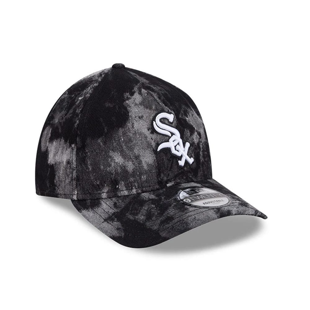 Chicago White Sox MLB Bleached Denim Black New Era 9TWENTY A-Frame Adjustable Cap, three-quarter view with a raised white embroidered Sox logo on the front panel and a 9TWENTY size sticker on the curved visor.