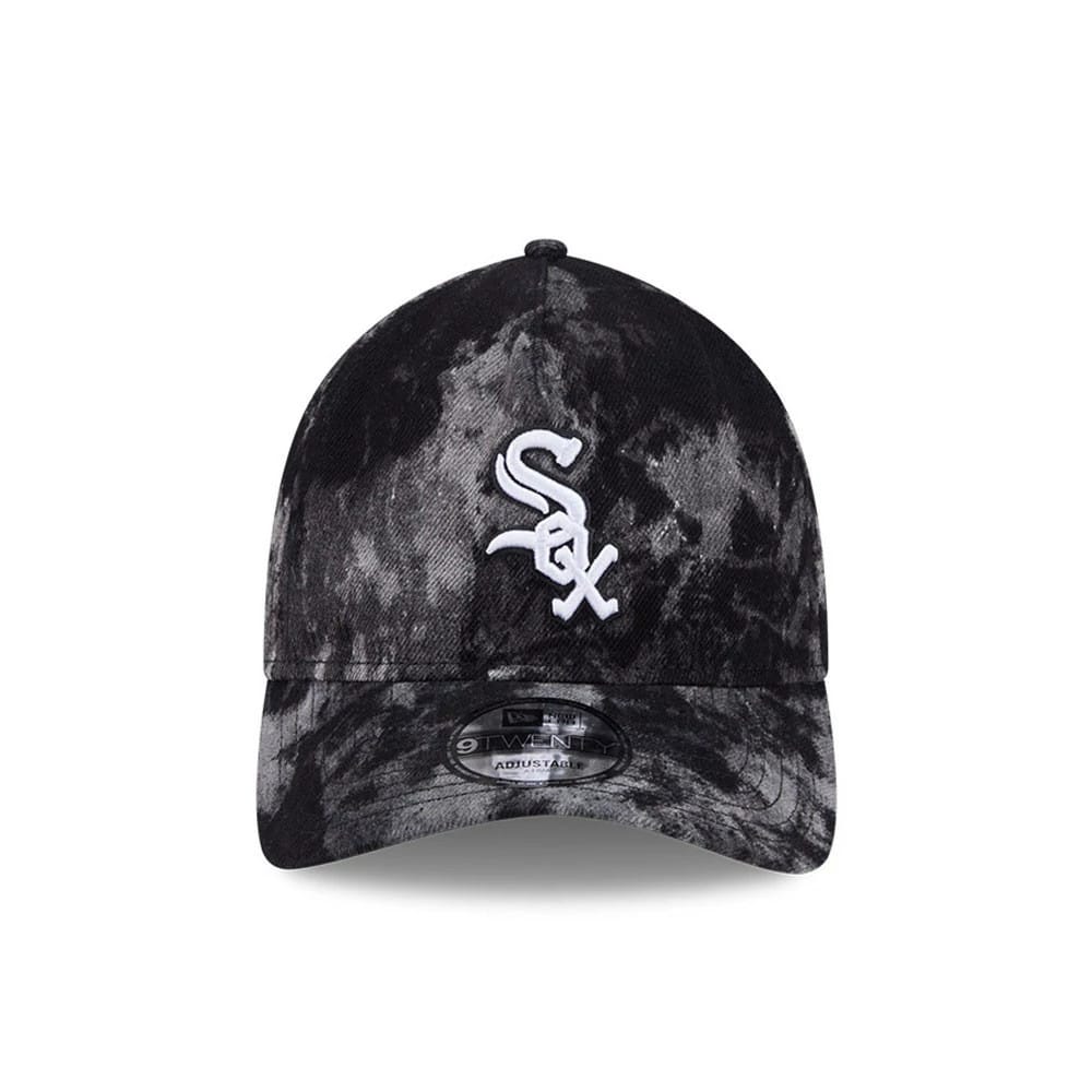 Chicago White Sox MLB Bleached Denim Black New Era 9TWENTY A-Frame Adjustable Cap, front view showing white embroidered Sox logo on the structured black bleached denim crown with a curved visor and a 9TWENTY size sticker.
