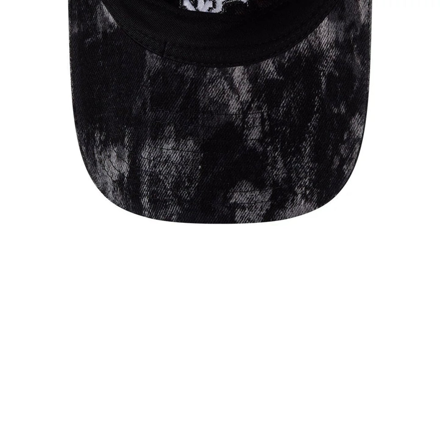 Chicago White Sox MLB Bleached Denim Black New Era 9TWENTY A-Frame Adjustable Cap, top view showing the black bleached denim pattern on the curved visor with a texture and matching stitching detail.
