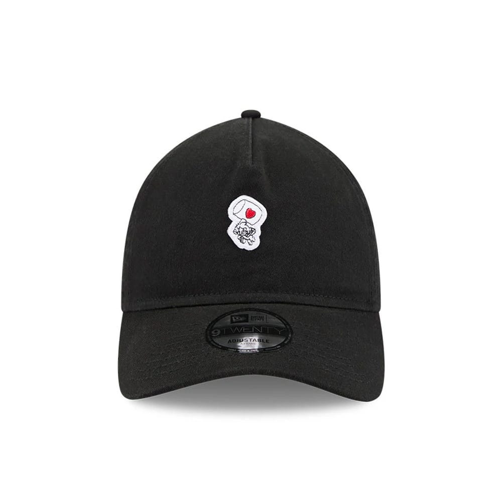 Tom & Jerry Love Hammer Black New Era 9TWENTY A-Frame Adjustable Cap, front view showing an embroidered hammer with a red heart on the front panel, curved black visor and the 9TWENTY size sticker.