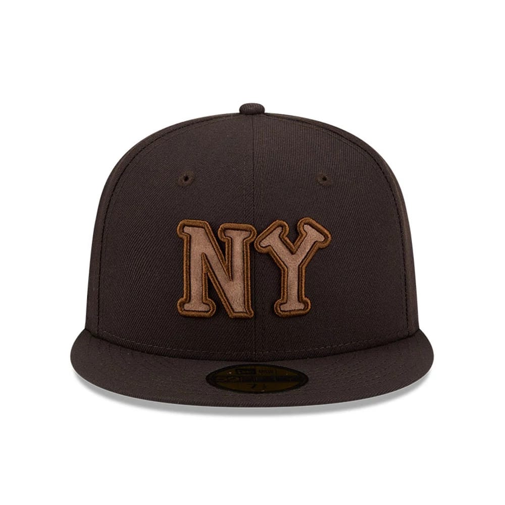 New York Black Yankees MLB Negro League Dark Brown New Era 59FIFTY Fitted Cap, front view showing raised brown NY embroidery on the structured dark brown crown with a matching flat visor and gold 59FIFTY size sticker.