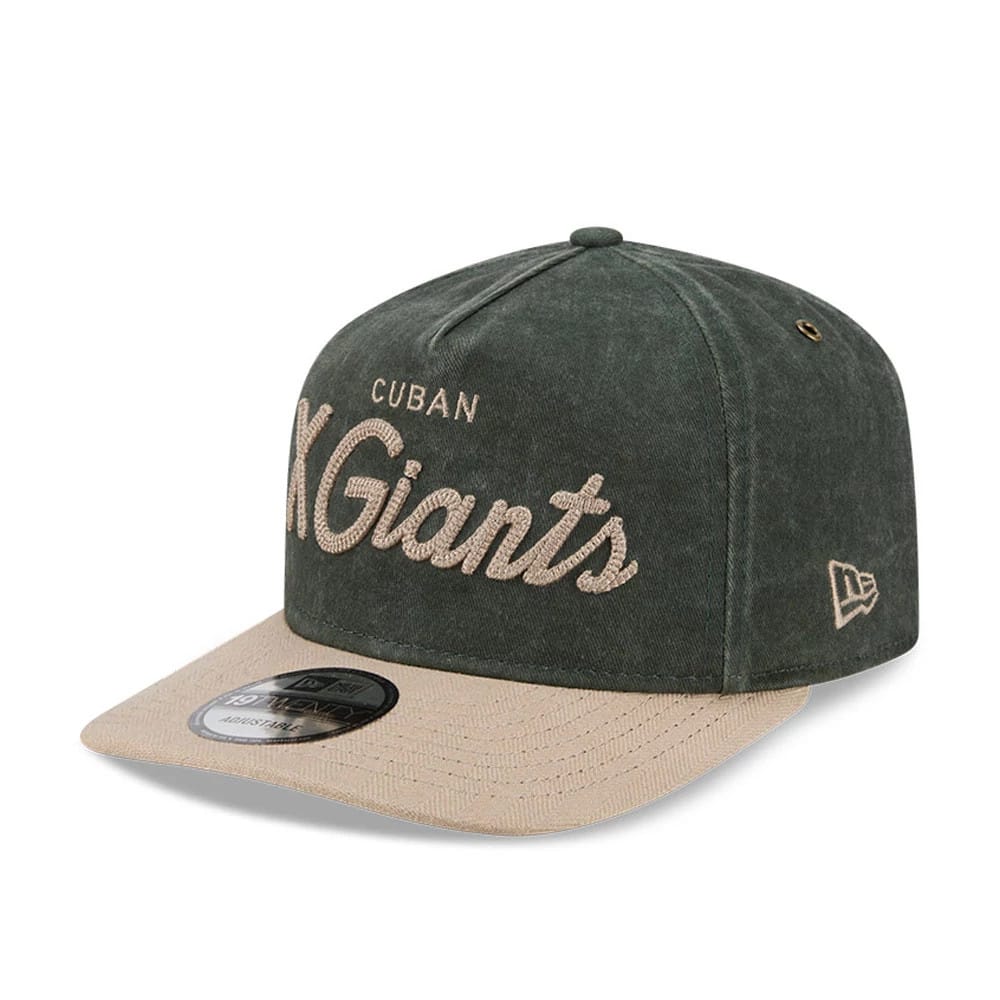 Cuban X Giants MLB Negro League Dark Green New Era 19TWENTY Adjustable Cap, three-quarter view showing beige embroidered front logo and curved visor with 19TWENTY size sticker, and New Era flag logo on the left side.