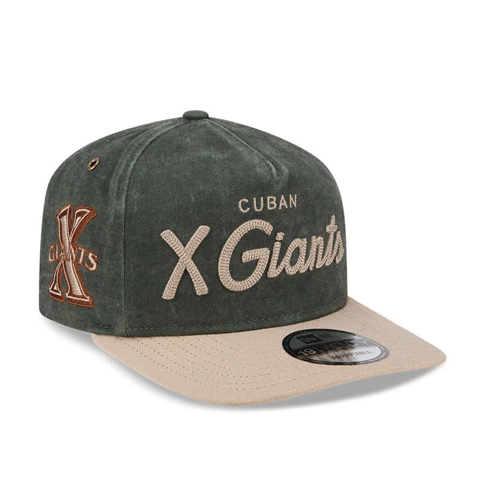 Cuban X Giants MLB Negro League Dark Green New Era 19TWENTY Adjustable Cap, three-quarter view showing raised beige embroidered front logo, brown X Giants side logo, beige visor with 19TWENTY size sticker and gold eyelet on the dark green crown.