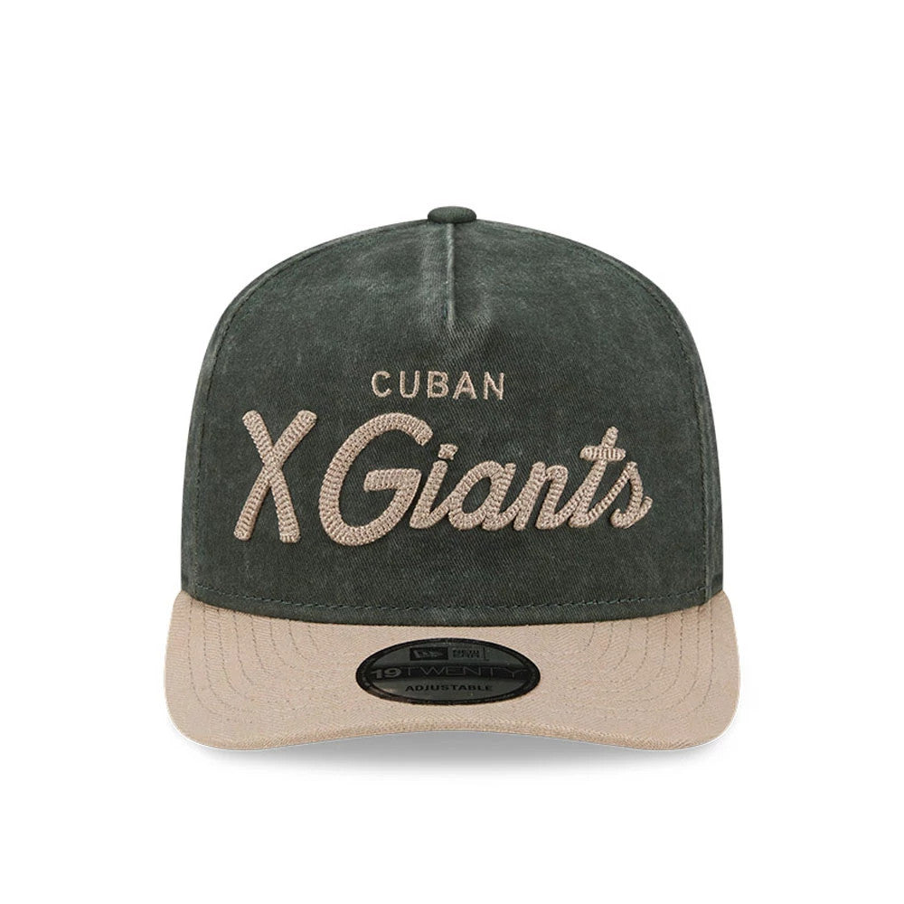 Cuban X Giants MLB Negro League Dark Green New Era 19TWENTY Adjustable Cap, front view showing sand-coloured raised embroidery of Cuban X Giants on the dark green crown with a beige curved visor and a 19TWENTY size sticker.