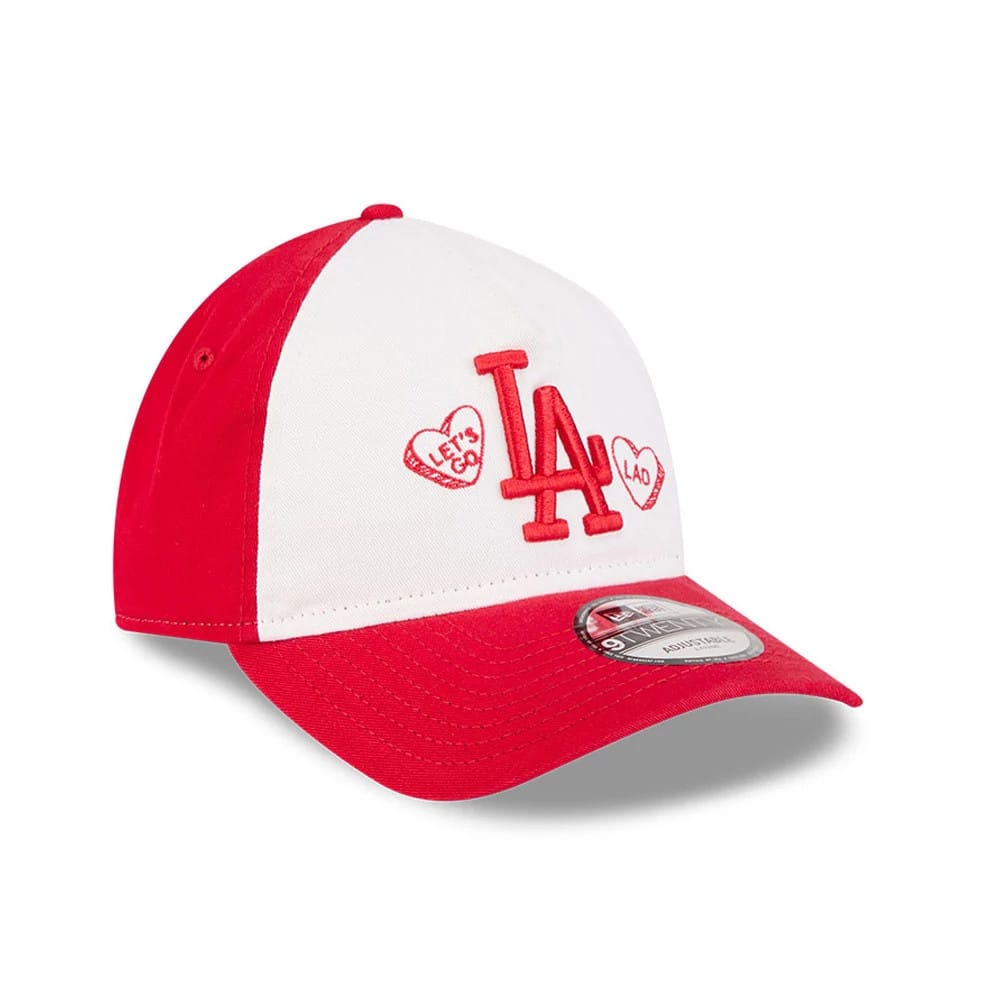 LA Dodgers MLB Conversation Hearts Red New Era 9TWENTY A-Frame Adjustable Cap, three-quarter view with red embroidered LA logo and conversation hearts on white front panels, curved red visor with a 9TWENTY size sticker.