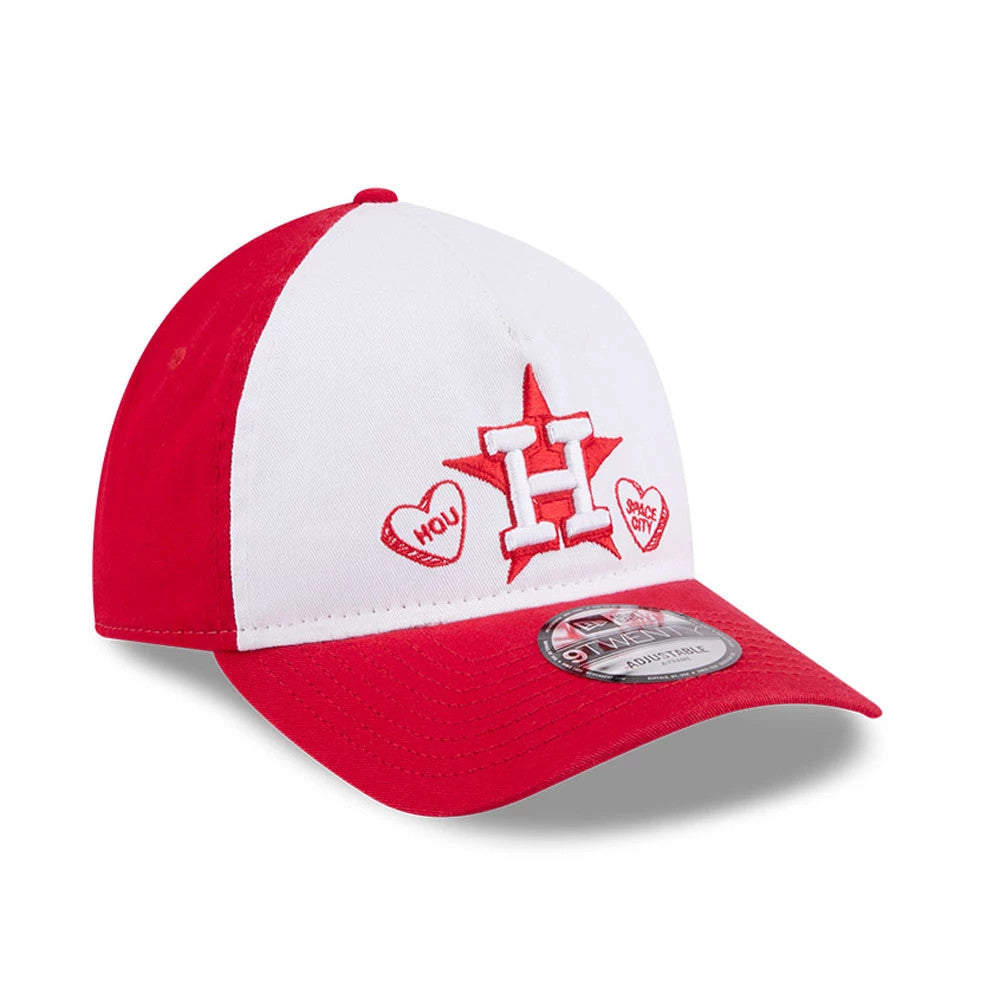 Houston Astros MLB Conversation Hearts Red New Era 9TWENTY A-Frame Adjustable Cap, three-quarter view with a white crown featuring embroidered red H logo inside a star, HOU and Space City hearts, and red visor with a 9TWENTY size sticker.