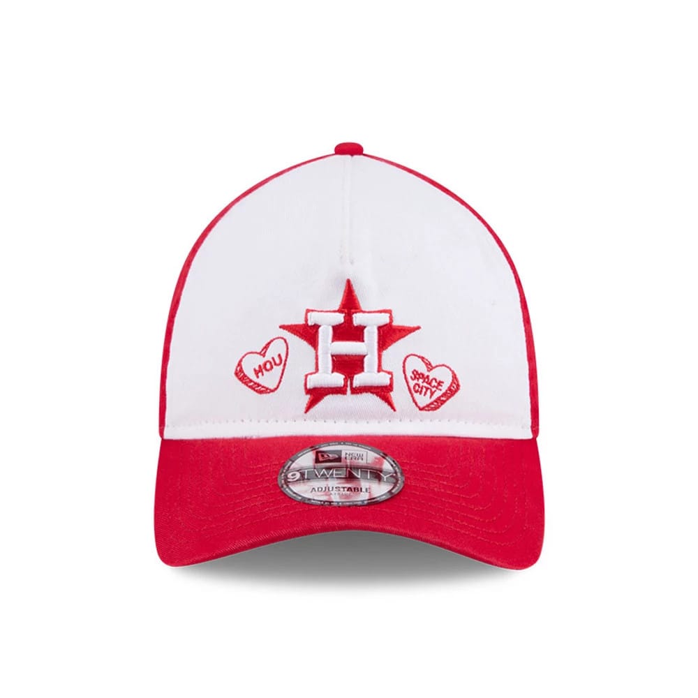 Houston Astros MLB Conversation Hearts Red New Era 9TWENTY A-Frame Adjustable Cap, front view showing white H logo with star backdrop in raised embroidery, two red heart graphics, and a 9TWENTY size sticker on the red curved visor.