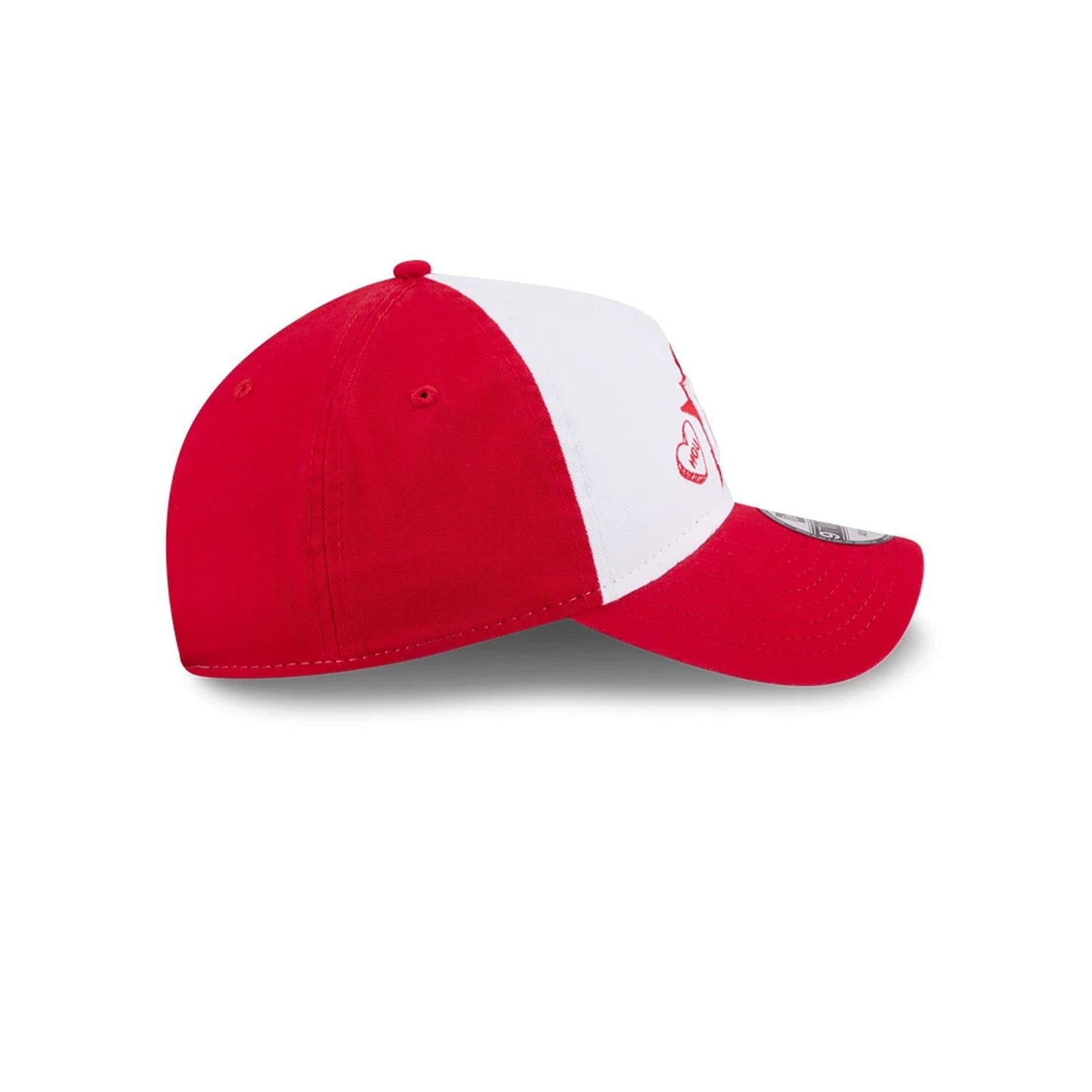 Houston Astros MLB Conversation Hearts Red New Era 9TWENTY A-Frame Adjustable Cap, side view showing the red and white panel design, embroidered heart graphics on the front panel, and a curved red visor.