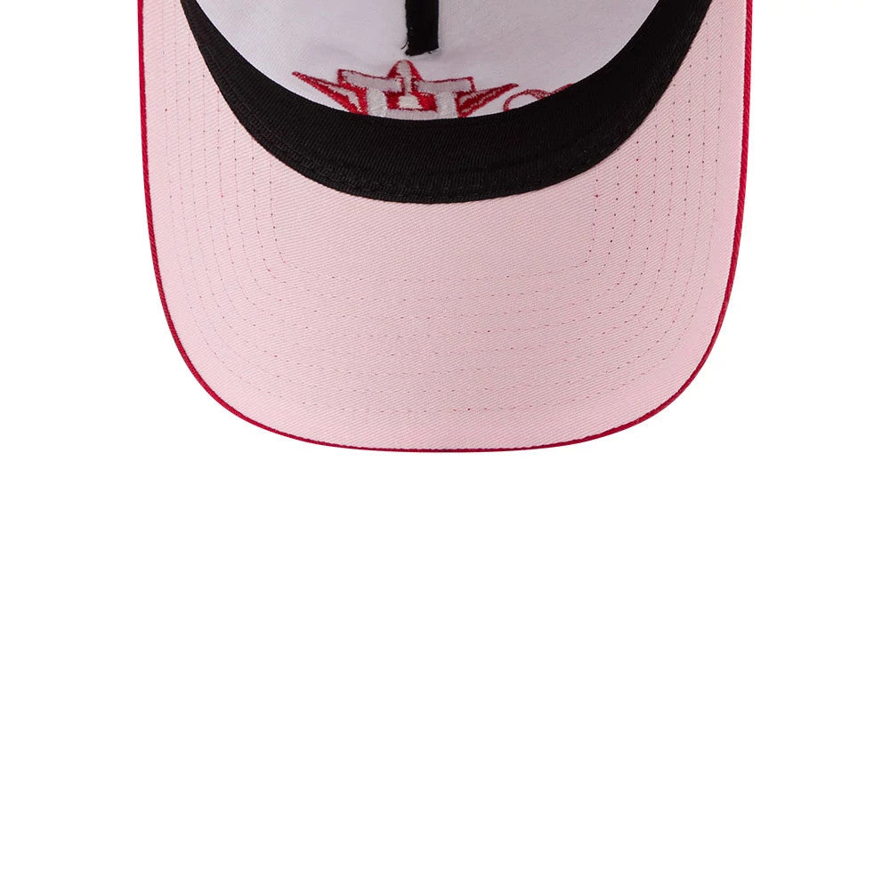 Houston Astros MLB Conversation Hearts Red New Era 9TWENTY A-Frame Adjustable Cap, inside view showing the contrasting black sweatband and a red embroidered logo on the white undervisor.