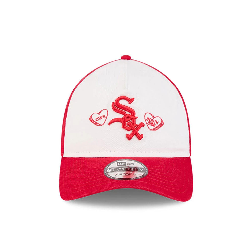 Chicago White Sox MLB Conversation Hearts Red New Era 9TWENTY A-Frame Adjustable Cap, front view with red embroidered team logo and hearts on the white front panel, red visor, and 9TWENTY size sticker.