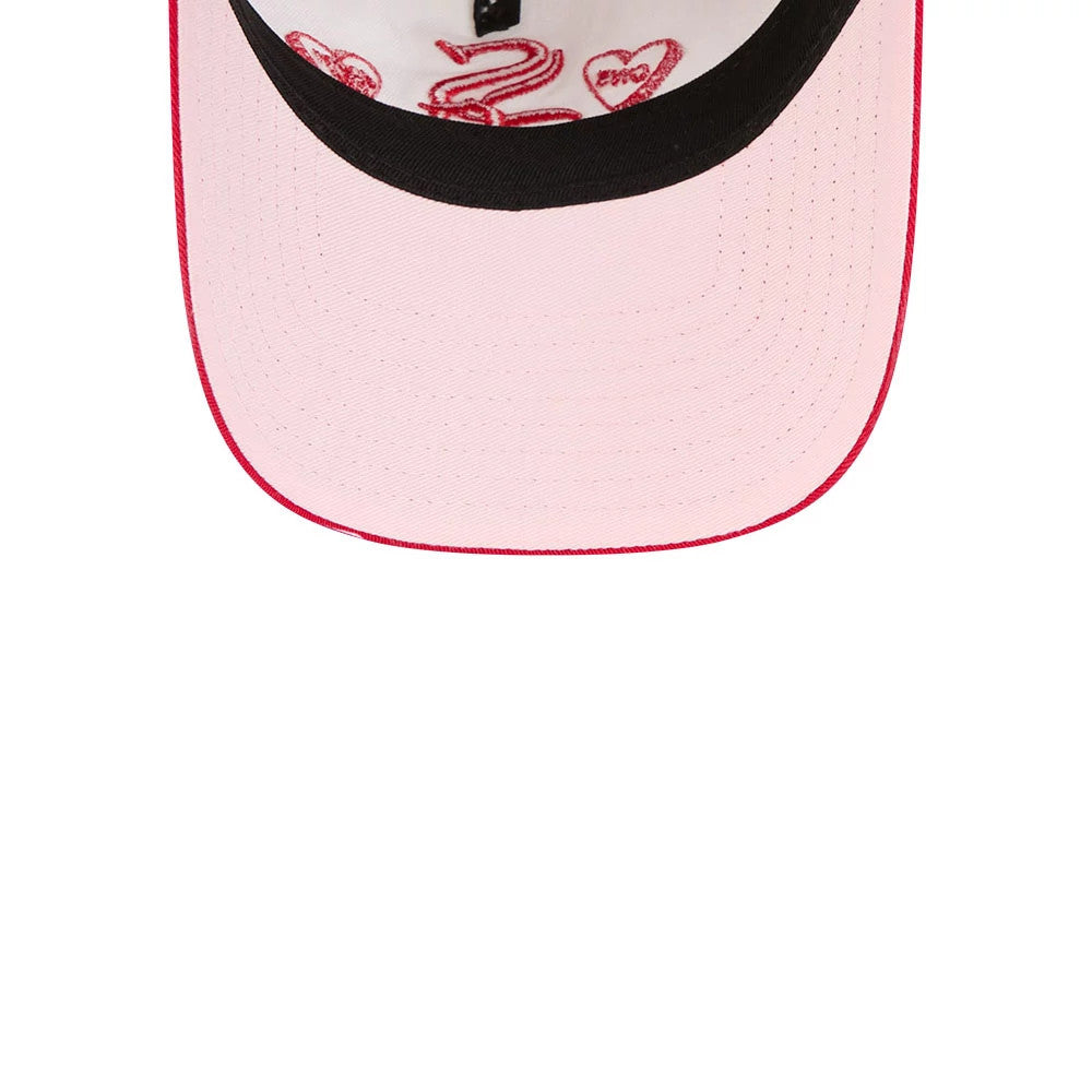 Chicago White Sox MLB Conversation Hearts Red New Era 9TWENTY A-Frame Adjustable Cap, inside view showing the pink undervisor, black sweatband, and patterned inner lining with red heart motifs and the word SWAG.