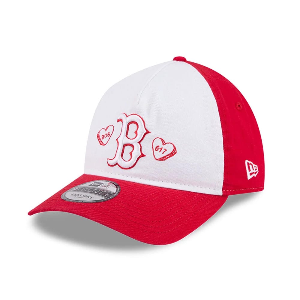 Boston Red Sox MLB Conversation Hearts Red New Era 9TWENTY A-Frame Adjustable Cap, front view showing a white front panel with a red embroidered B logo flanked by heart motifs, and a grey 9TWENTY size sticker on the red curved visor.