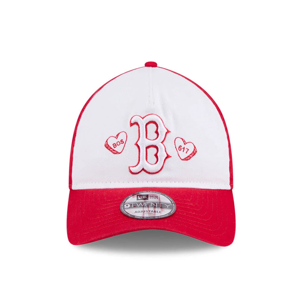 Boston Red Sox MLB Conversation Hearts Red New Era 9TWENTY A-Frame Adjustable Cap, front view showing the red embroidered B logo flanked by heart motifs on the white front panel, with a red curved visor and 9TWENTY size sticker.