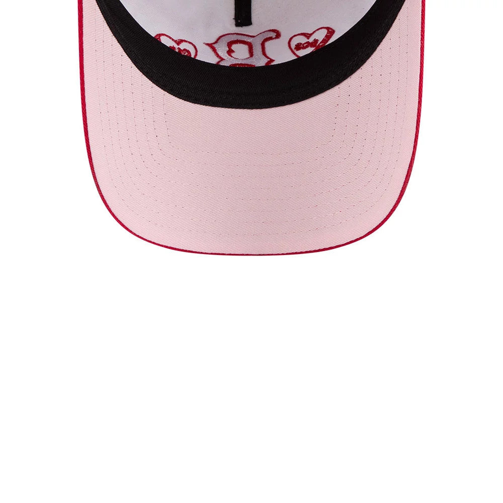 Boston Red Sox MLB Conversation Hearts Red New Era 9TWENTY A-Frame Adjustable Cap, inside view showing the black sweatband and red printed hearts design on the white undervisor with a red B logo.
