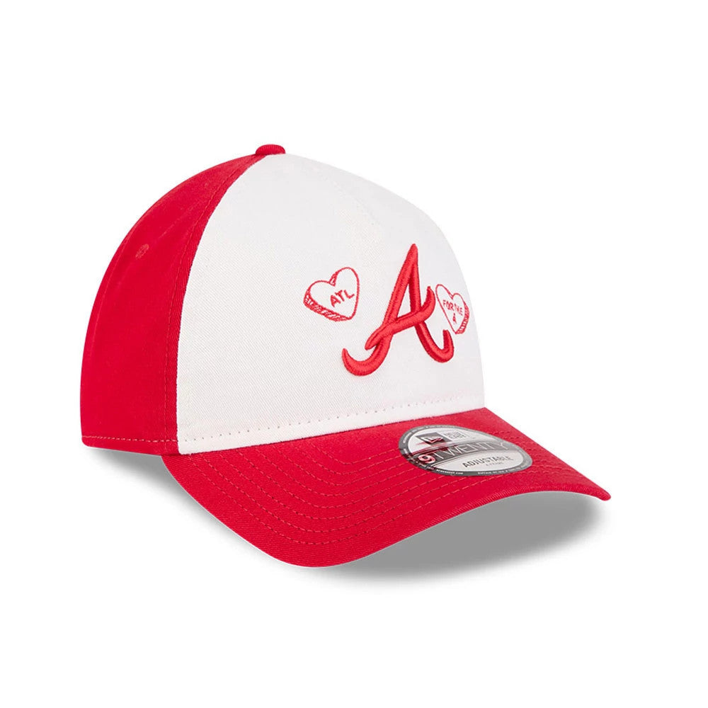 Atlanta Braves MLB Conversation Hearts Red New Era 9TWENTY A-Frame Adjustable Cap, front view showing red embroidered A logo and heart motifs on the white front panel, with a curved red visor and 9TWENTY size sticker.