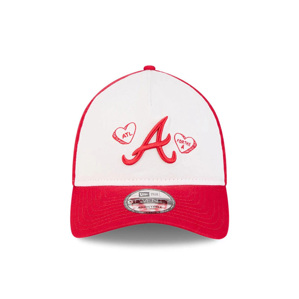 Atlanta Braves MLB Conversation Hearts Red New Era 9TWENTY A-Frame Adjustable Cap, front view showing the red embroidered A logo and heart graphics on the white crown with a curved red visor and 9TWENTY size sticker.