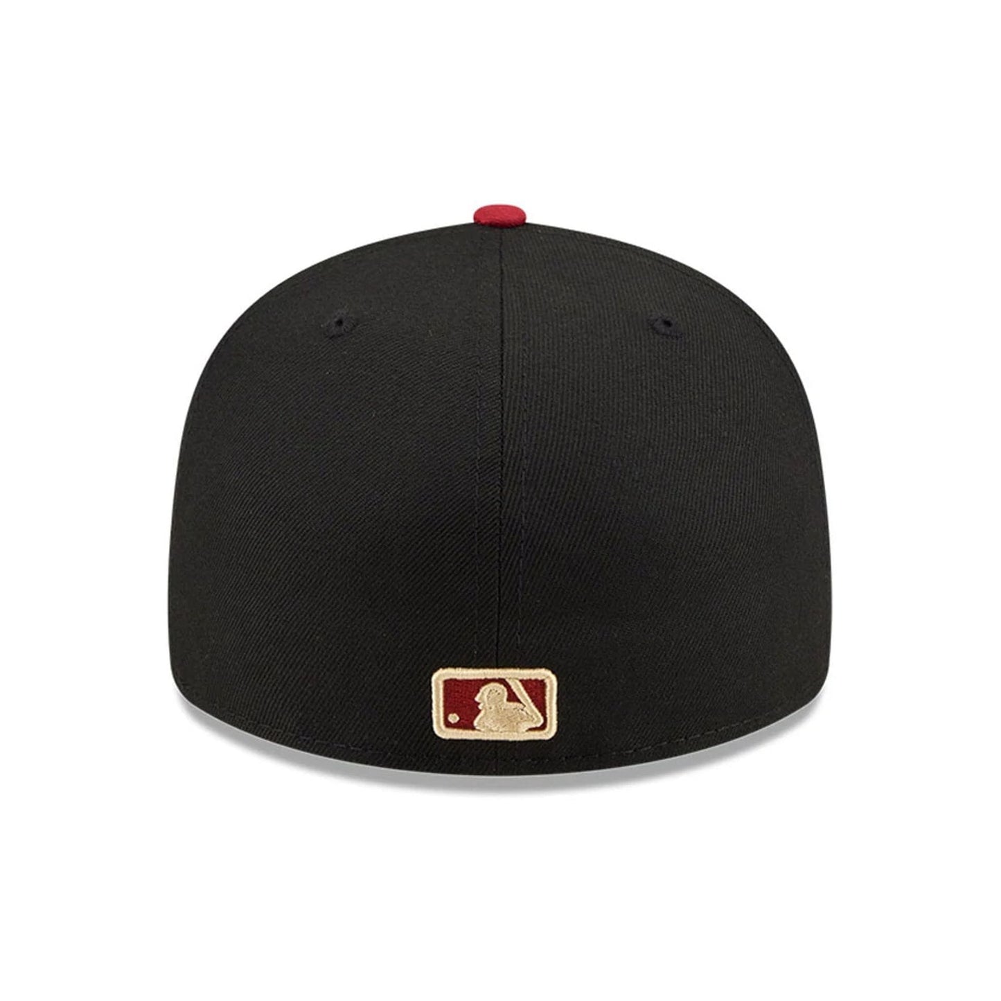 New York Yankees MLB Team Cards Black New Era 59FIFTY Fitted Cap, rear view showing the gold and red embroidered MLB Batterman logo at the centre back, with a red top button and black eyelets on the structured crown.