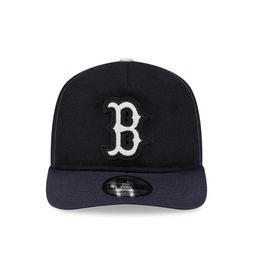 Boston Red Sox MLB Felt Logo Navy New Era 19TWENTY Adjustable Cap, front view showing a raised white embroidered B logo on the navy felt front panel, navy curved visor, and 19TWENTY size sticker.