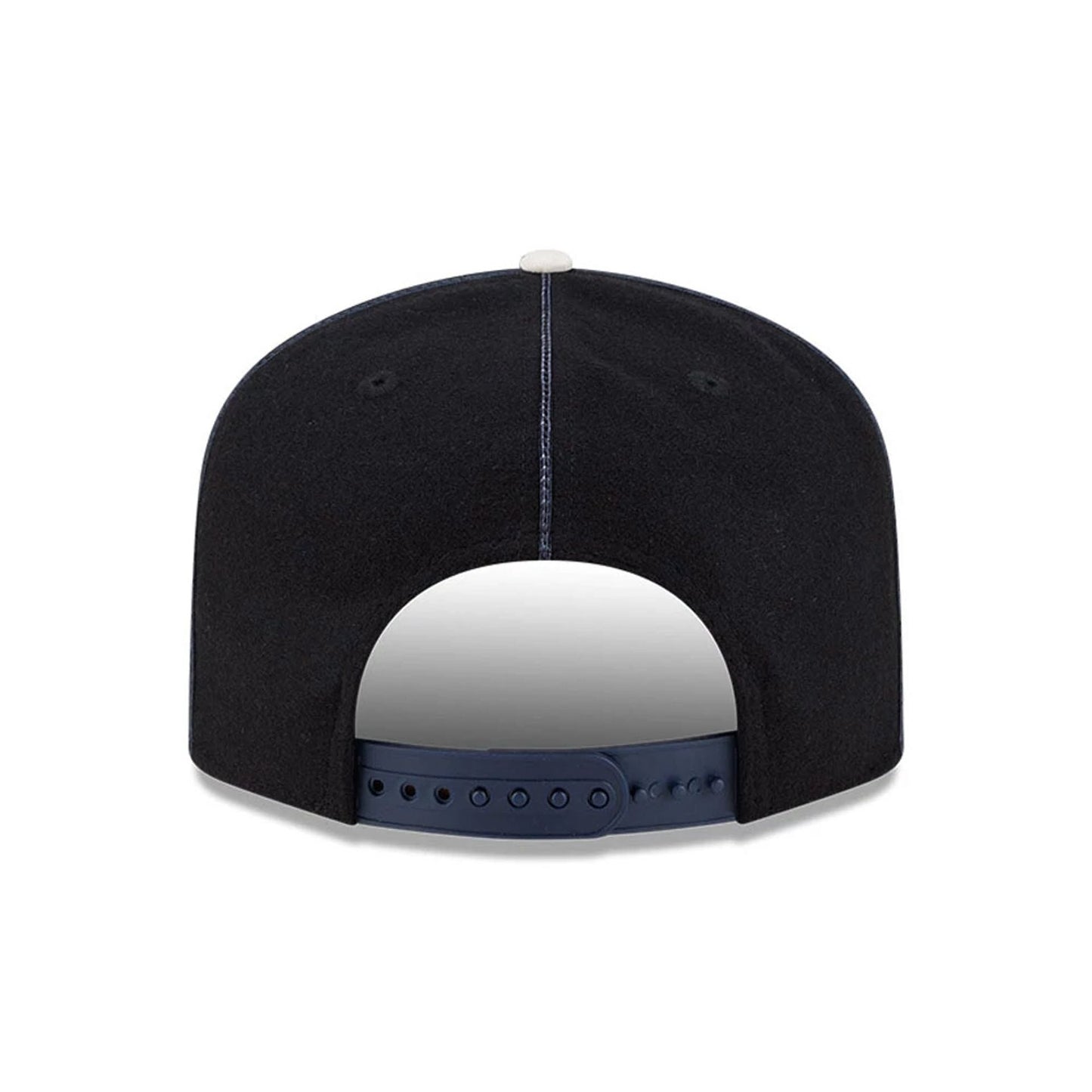 Boston Red Sox MLB Felt Logo Navy New Era 19TWENTY Adjustable Cap, rear view showing a plain navy back with a navy adjustable strap and a cream top button on the unstructured crown.