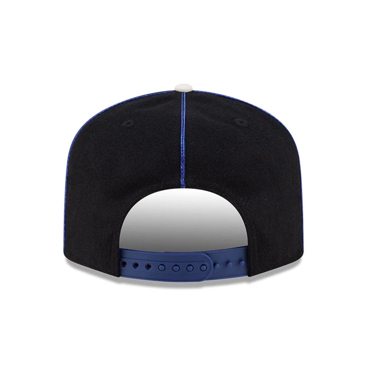 LA Dodgers MLB Felt Logo Dark Blue New Era 19TWENTY Adjustable Cap, rear view showing the absence of a back logo, with a curved blue adjustable strap beneath the structured dark blue crown with contrasting blue stitching.