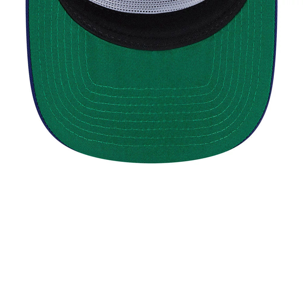 LA Dodgers MLB Felt Logo Dark Blue New Era 19TWENTY Adjustable Cap, inside view showing the green undervisor and black sweatband with grey mesh taping, highlighting clean stitching on the dark blue crown.