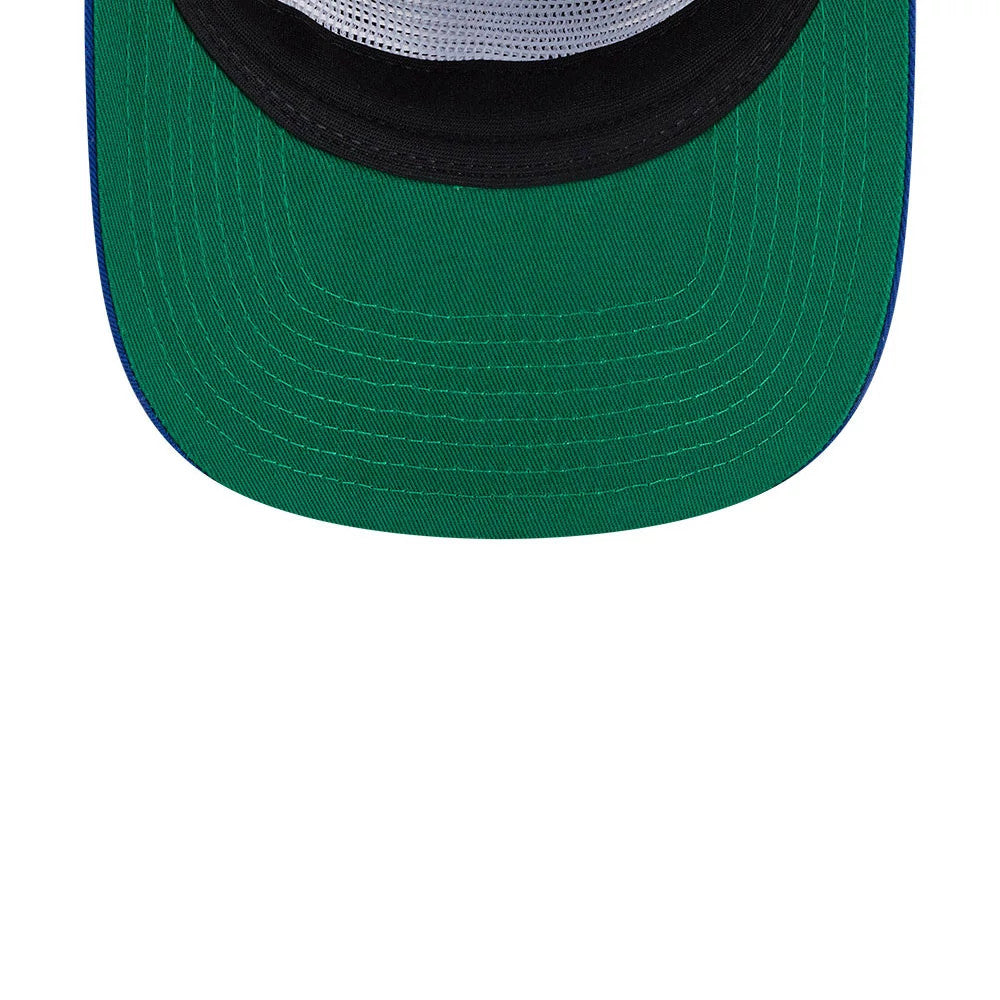 New York Mets MLB Felt Logo Blue New Era 19TWENTY Adjustable Cap, inside view showing the green undervisor with stitching, black sweatband, and interior taping, highlighting the open mesh crown design.