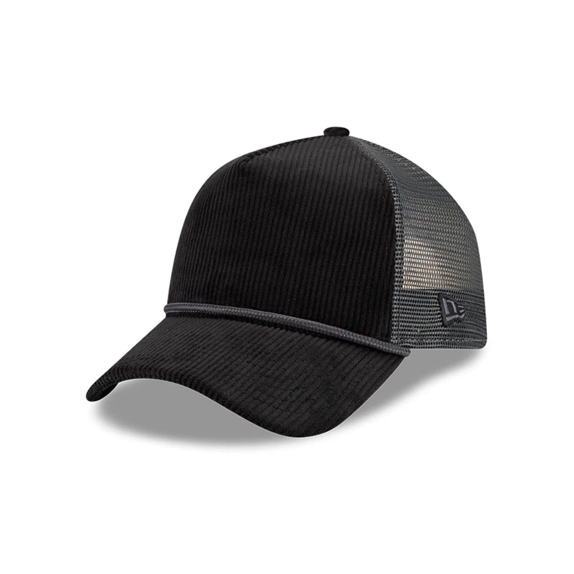 Pictured is this New Era Wide Cord 9FORTY A-Frame Trucker cap in black. 1