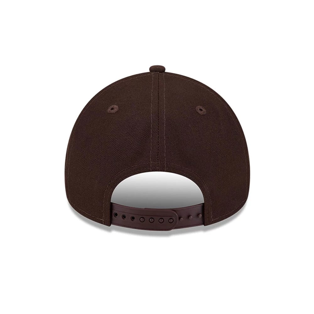 Netflix Squid Game Shapes Dark Brown New Era 9FORTY A-Frame Adjustable Cap, rear view showing the dark brown snap closure at the base of the unstructured crown with matching eyelets and a top button for a cohesive look.