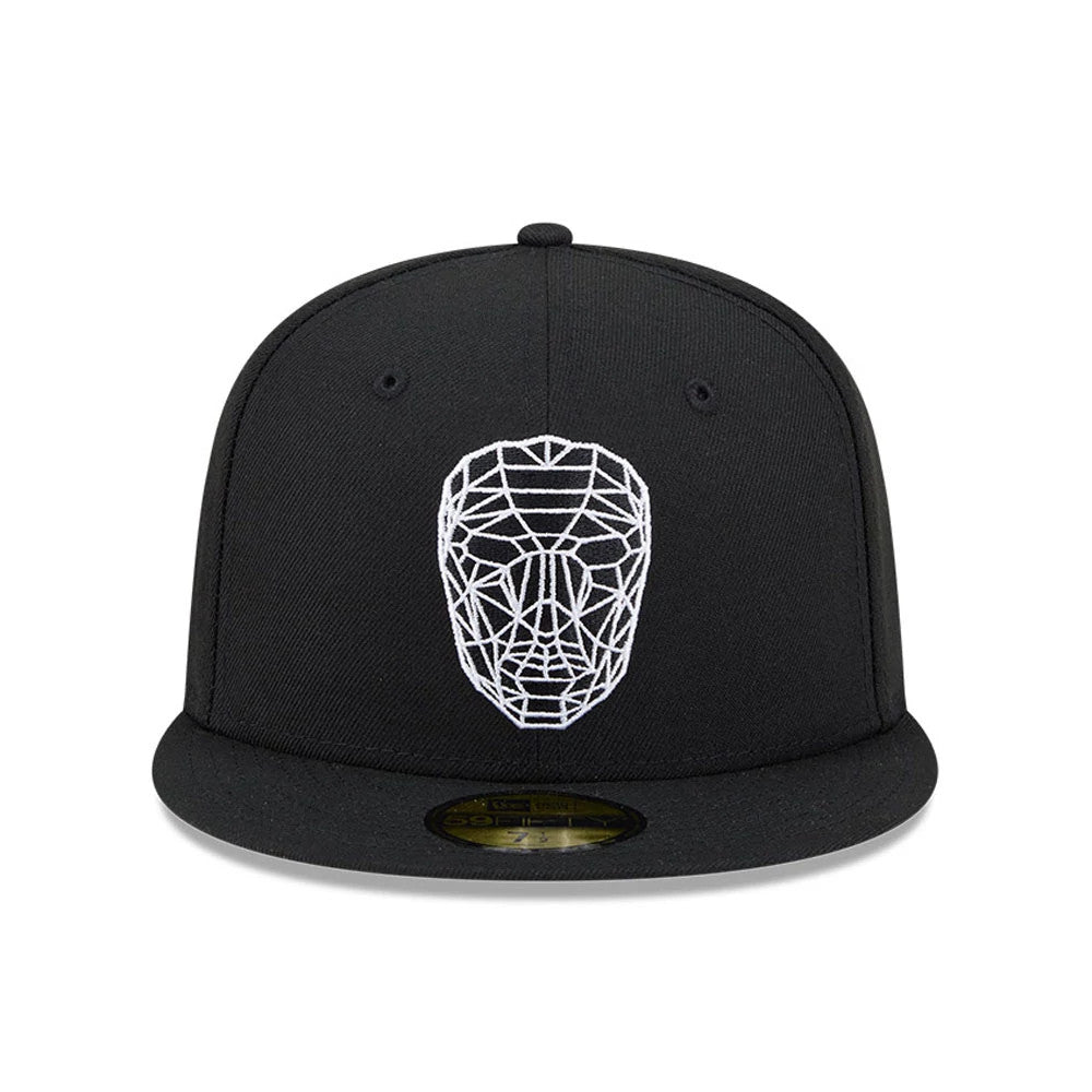 Netflix Squid Game Mask Black New Era 59FIFTY Fitted Cap, front view showing a white embroidered geometric mask design on the structured black crown, with a flat visor and gold 59FIFTY size sticker.