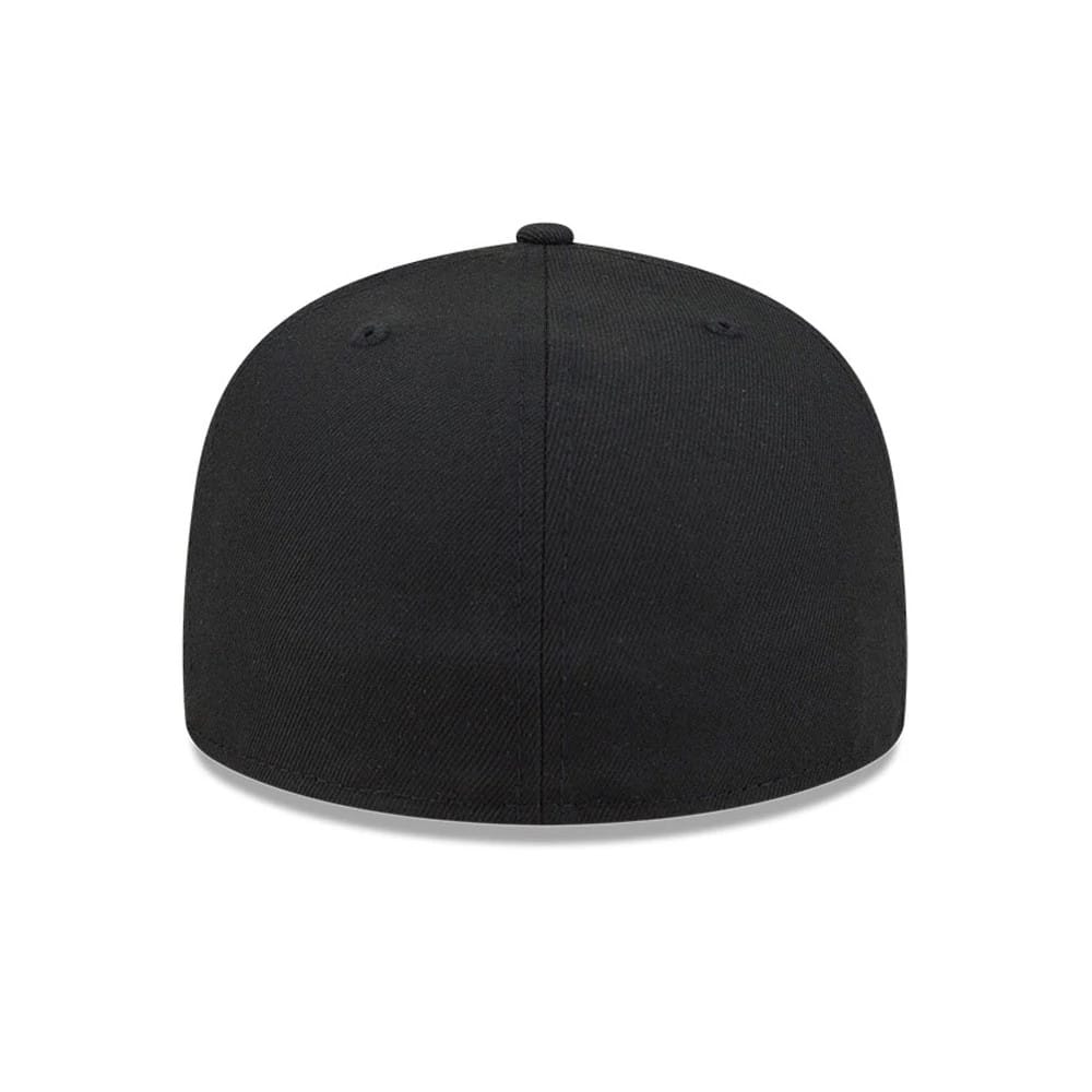 Netflix Squid Game Mask Black New Era 59FIFTY Fitted Cap, rear view showing the structured black crown with matching embroidered eyelets and a finish across the back panels.