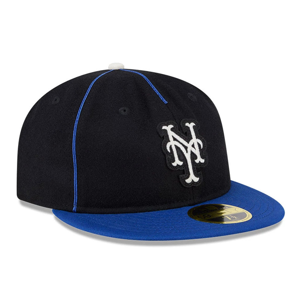 New York Mets MLB Felt Logo Blue Retro Crown New Era 59FIFTY Fitted Cap, front view showing the raised white embroidered NY logo on the black crown, with a bright blue visor and gold 59FIFTY size sticker.
