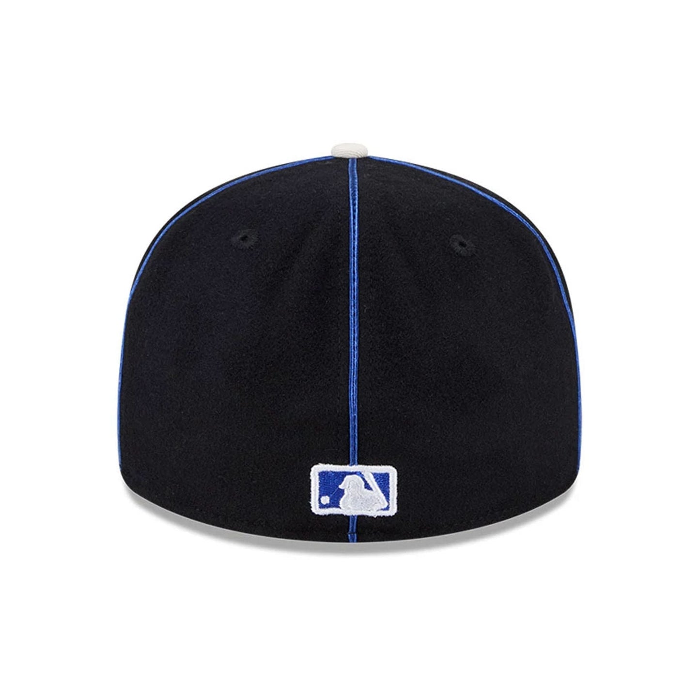 New York Mets MLB Felt Logo Blue Retro Crown New Era 59FIFTY Fitted Cap, rear view showing the white and blue embroidered MLB Batterman logo centred on the back panels, with a black crown highlighted by blue piping.